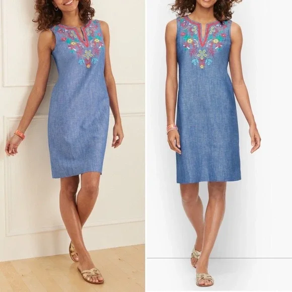 Talbots Embroidered Linen Cotton Chambray Shift Dress Size 2 Floral Embroidered - Picture 1 of 8